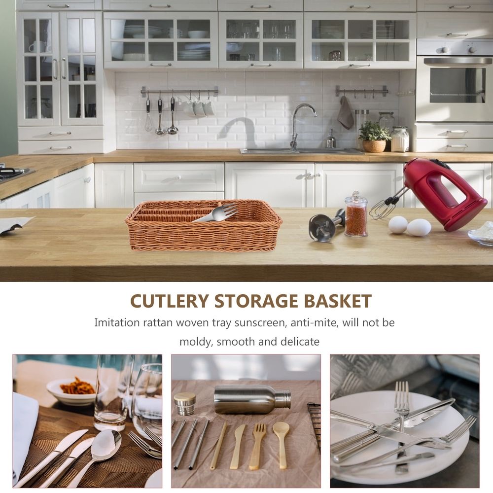 Chocolate Rattan Cutlery Tray 4 Deep Compartments for Kitchen Storage
