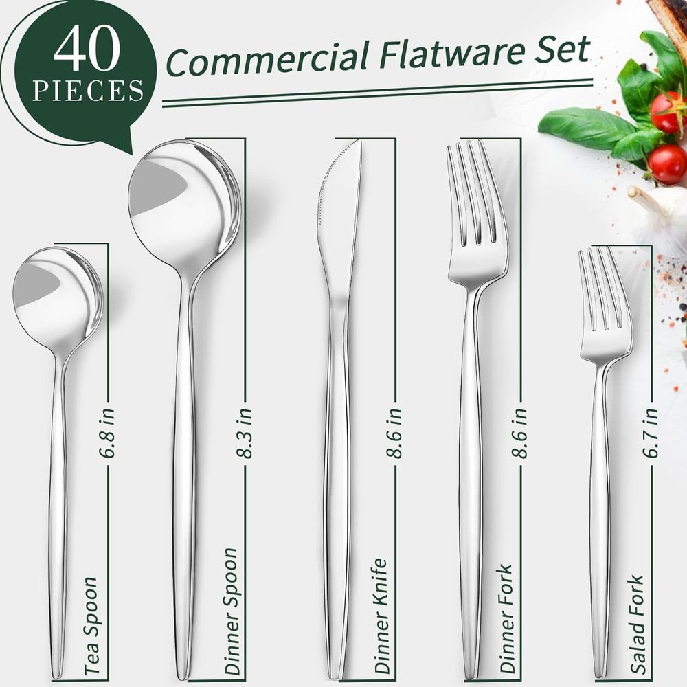 Silverware Set for 8, 40 Pieces Stainless Steel Flatware Set, Tableware Cutlery Set for Home and Restaurant, Knives, Forks, Spoons, Mirror Polished, Dishwasher Safe, Silver