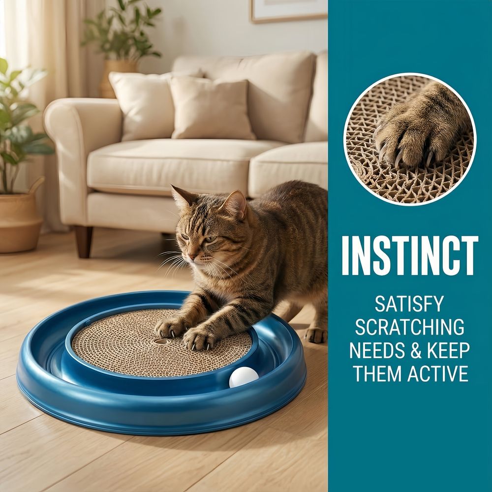 2‑in‑1 Round Cardboard Cat Scratcher, 16" Interactive Cat Toy with Rotating Ball Track, Durable Scratch Pad for Indoor Cats, Blue, 1‑Pack