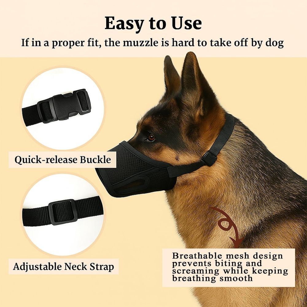 Dog Muzzle – Mesh Soft Muzzle for Small Medium Large Sized Dogs, Adjustable for No Bark, Scavenging, Licking & Chewing, Prevent Biting, Black (S–XL)