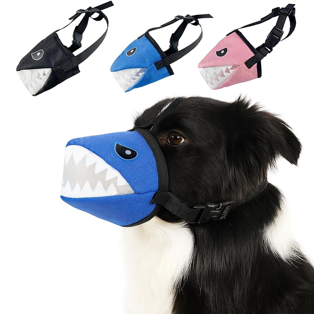 Dog Muzzle Shark Design – Mesh Soft Muzzle for Small Medium Large Sized Dogs, Adjustable for No Bark, BitingScavenging, Licking & Chewing, Blue/Black/Pink (S–XL)