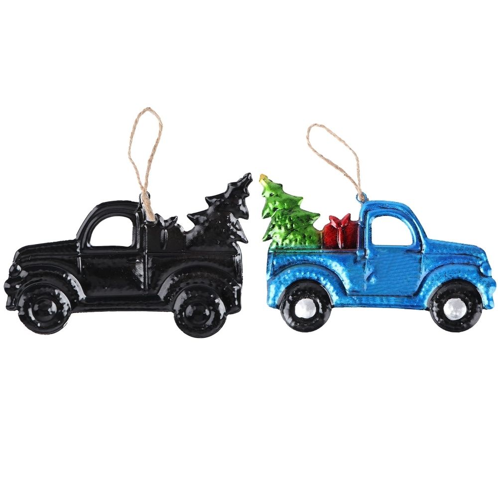 Metal Christmas Truck Ornament with Tree and Pickup Pendant for Holiday Tree Decoration and Xmas Party Keepsake