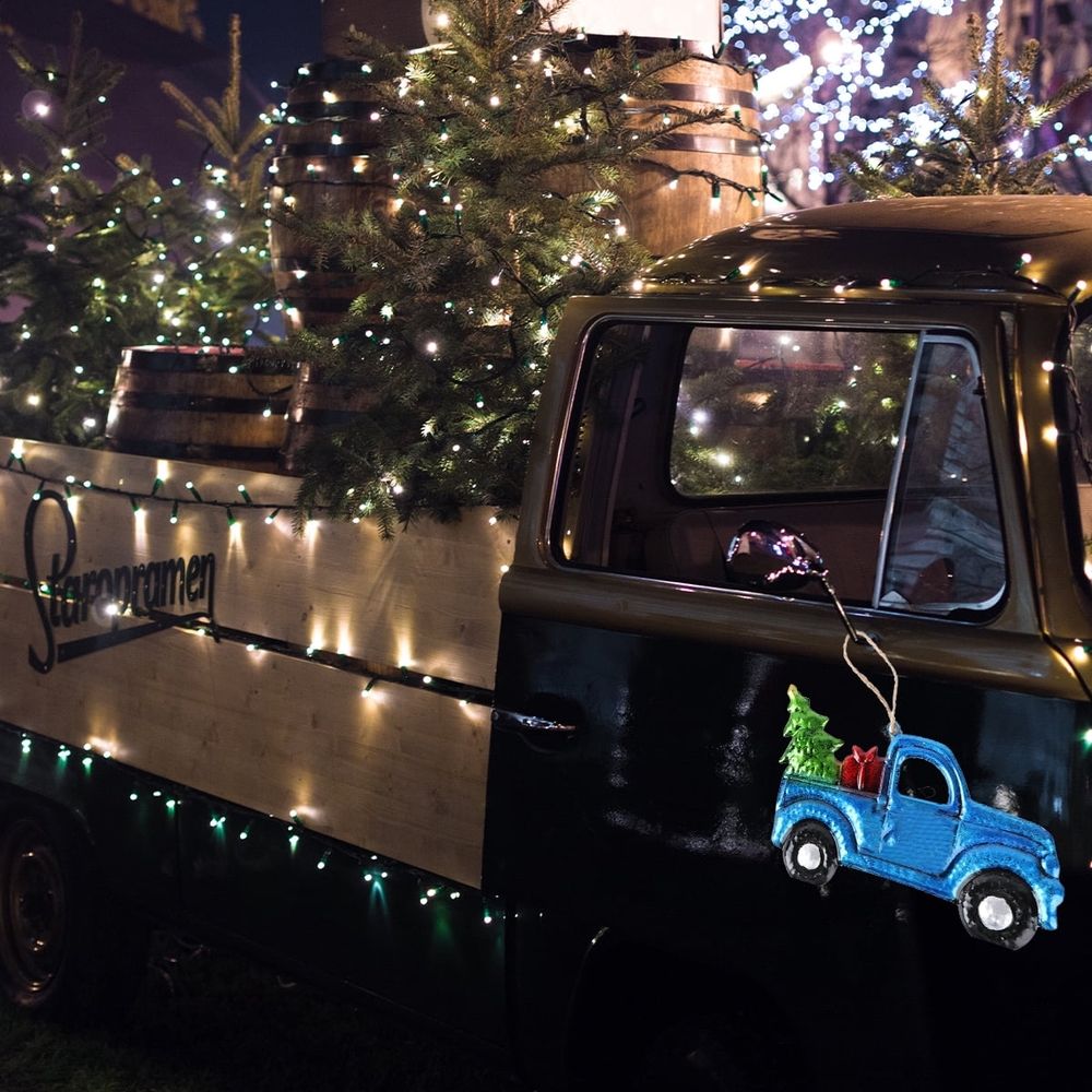 Metal Christmas Truck Ornament with Tree and Pickup Pendant for Holiday Tree Decoration and Xmas Party Keepsake