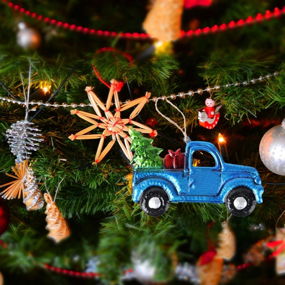 Metal Christmas Truck Ornament with Tree and Pickup Pendant for Holiday Tree Decoration and Xmas Party Keepsake