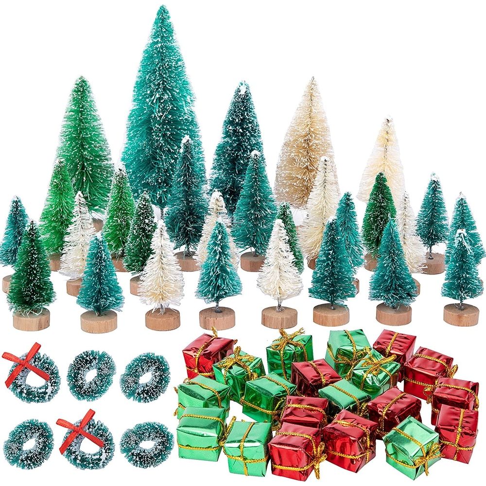 56PCS Artificial Mini Christmas Trees Set - Miniature Sisal Frosted Christmas Trees Bottle Brush Trees for DIY Crafts Home Table Top Decor