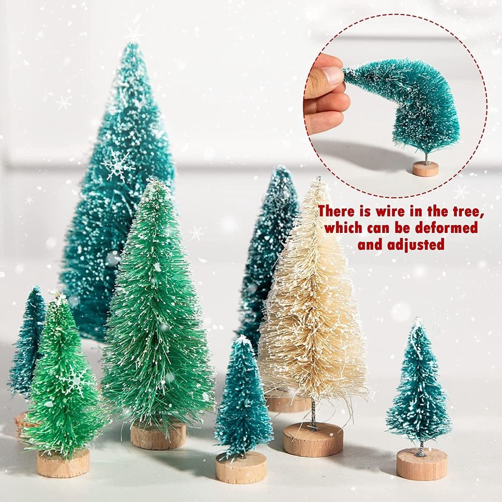 56PCS Artificial Mini Christmas Trees Set - Miniature Sisal Frosted Christmas Trees Bottle Brush Trees for DIY Crafts Home Table Top Decor