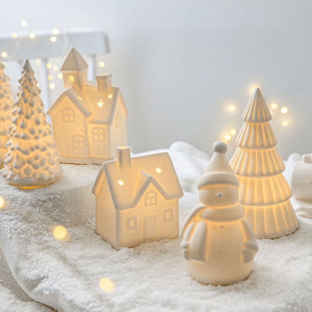 Christmas Decorations - Christmas Decorations Christmas tree Indoor - Christmas Village Lighted Ceramic Houses - White Xmas Holiday Farmhouse Rustic Decor for Home Table Room