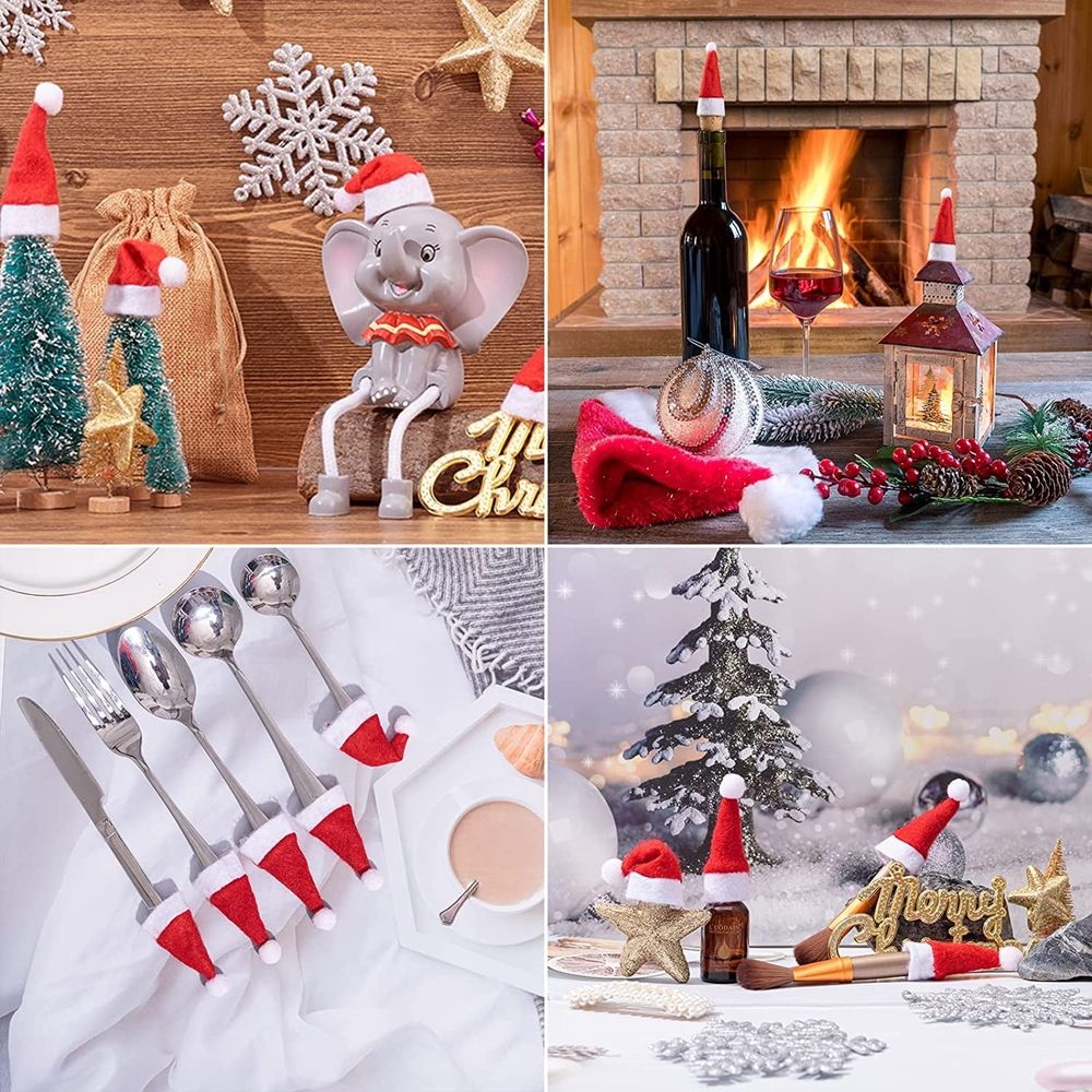 30pcs Mini Santa Hats- Christmas Lollipop Hat for Crafts- Mini Santa Claus Hat Wine Bottles Cover for Christmas Silverware Holders Table Dinner Decorations