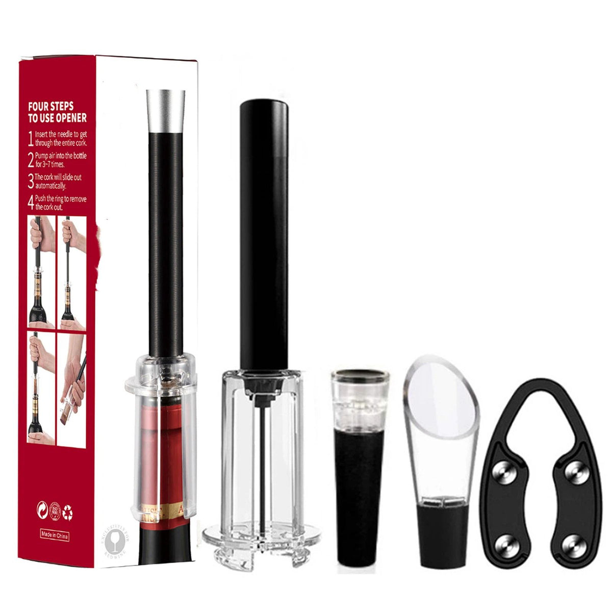 4 in 1 Wine Opening Set,Air Pressure Pump Wine Bottle Opener,Easy Cork Remover Corkscrew,Corkscrew Wine Opener Wine Opener Aluminum Alloy Handle(black)