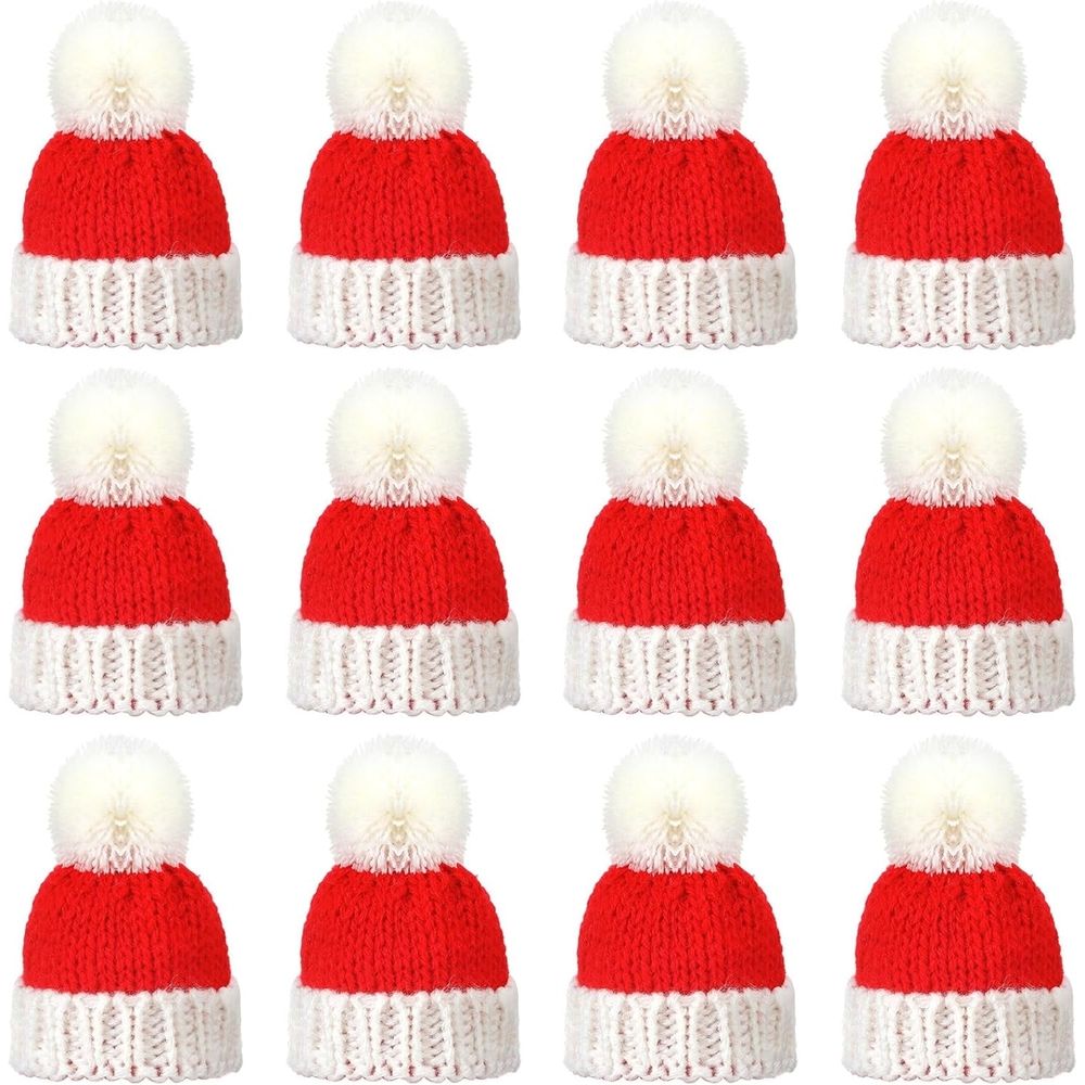 12PCS Mini Christmas Knit Hats Round Tiny Santa Hats with Knitting Doll Hats for Crafts Small Santa Hats Crafts Christmas Tree Ornaments Hats for DIY Hair Accessories