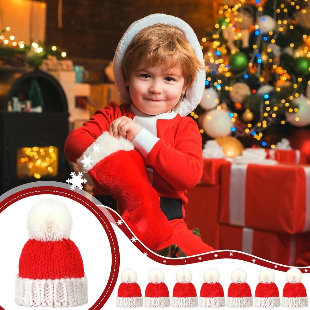 12PCS Mini Christmas Knit Hats Round Tiny Santa Hats with Knitting Doll Hats for Crafts Small Santa Hats Crafts Christmas Tree Ornaments Hats for DIY Hair Accessories