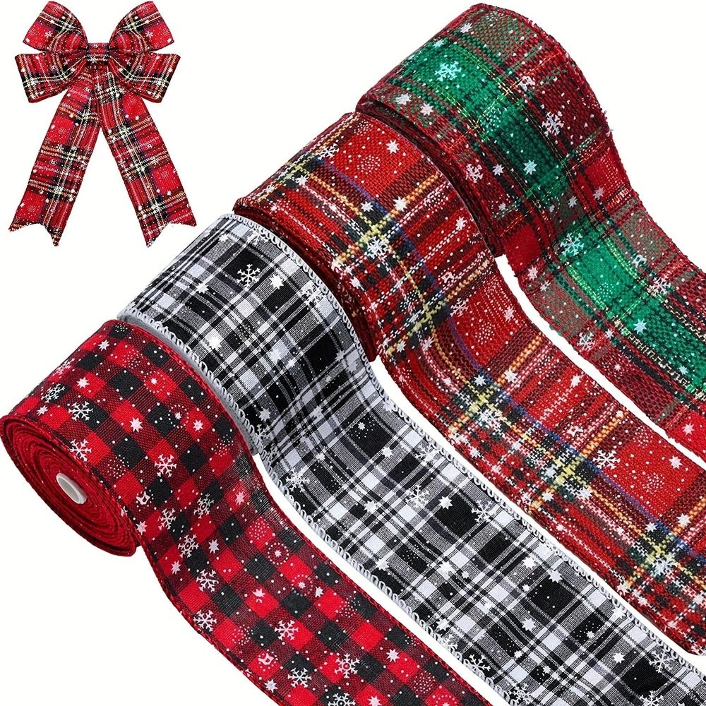Christmas Buffalo Plaid Ribbon Wired Edge 5 Yard Plaid Burlap Ribbon Christmas Checked Burlap Ribbon for Christmas Tree Wrapping Crafts Decoration 2.5 inch Width