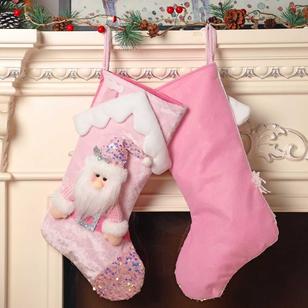 Christmas Stocking Pink Snowman Reindeer 18 Inches Xmas Stockings Holiday Christmas Decoration Gifts for Family Boy Kids