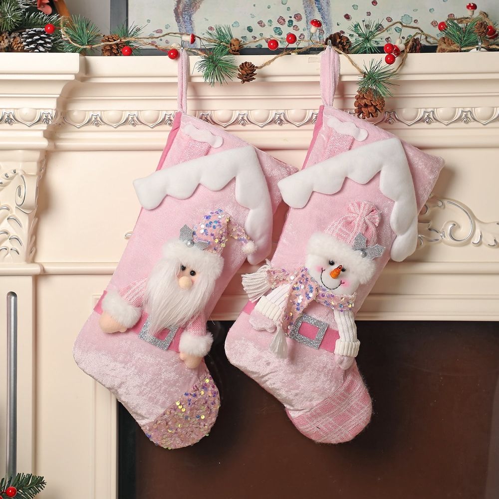 Christmas Stocking Pink Snowman Reindeer 18 Inches Xmas Stockings Holiday Christmas Decoration Gifts for Family Boy Kids
