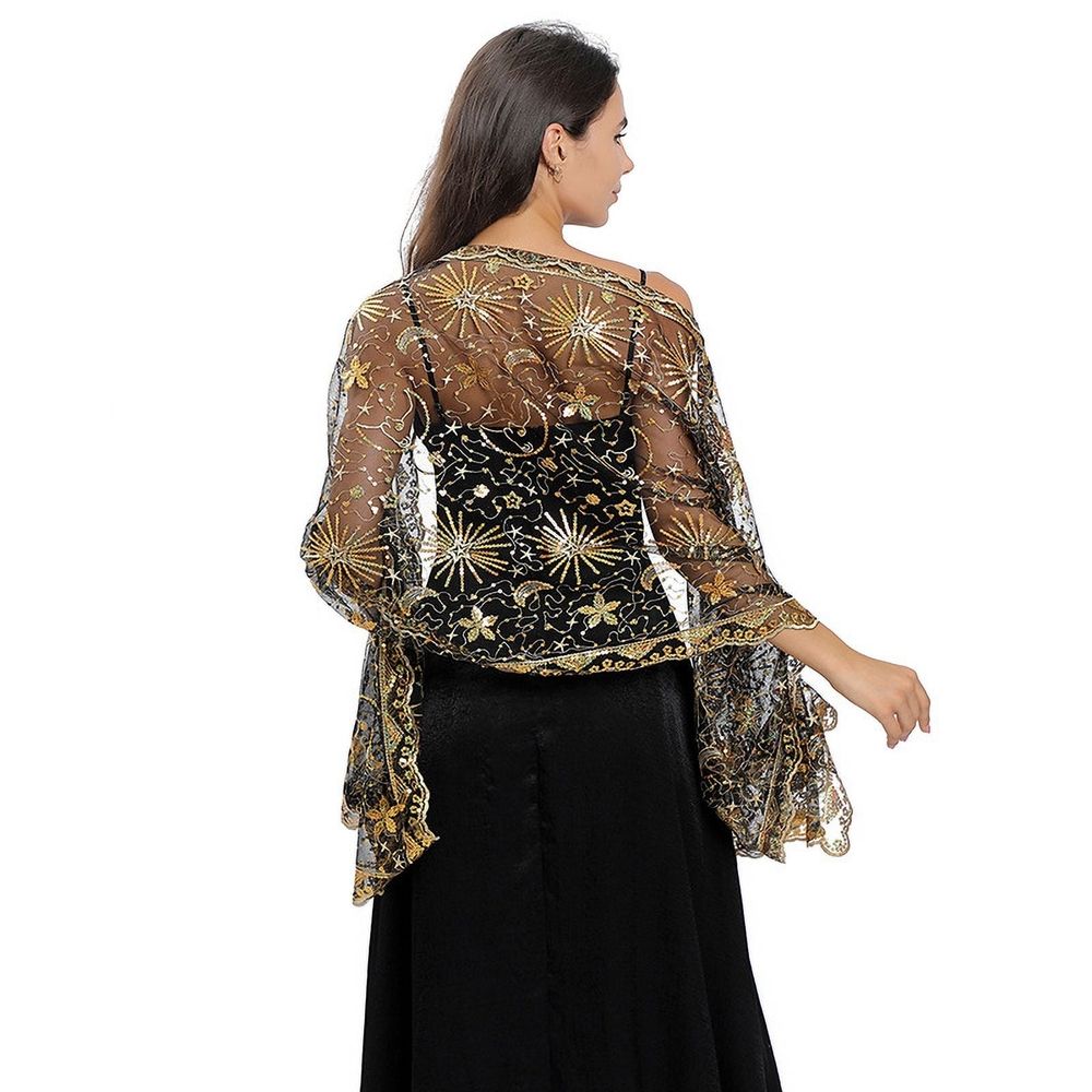 Women's Glittering Shawl Scarf Mesh Sequin Wedding Bridal Cape Fringed Evening Wraps Shawls