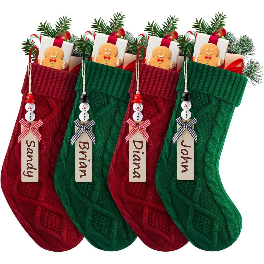 Personalized Christmas Stockings - 18 Inches Hanging Stockings with DIY Snowman Name Tags, 4PCS Large Size Knitted Stockings for Mantels, Christmas Tree Family Holiday Decor
