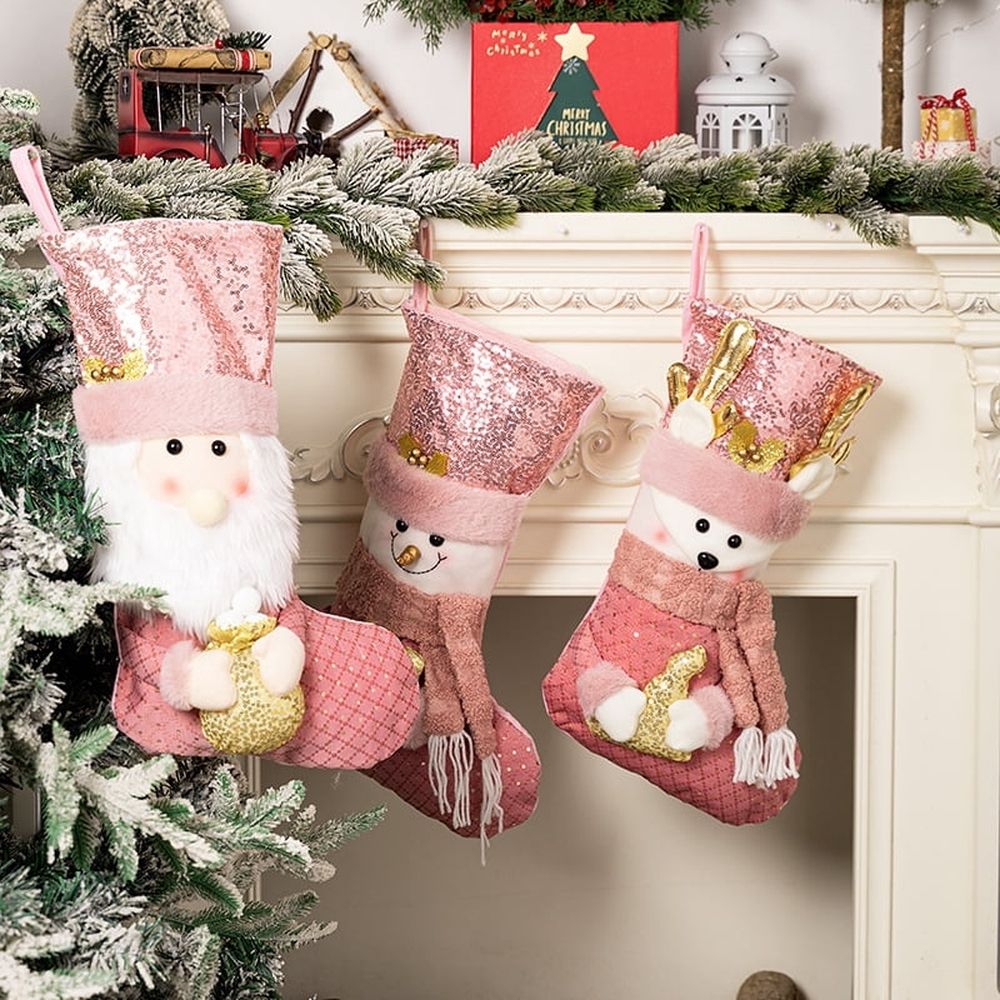 Pink Christmas Stockings18 Inch Xmas Stocking Sparkling Sequined Cuff with Santa/Snowman/Reindeer Dolls for Kids Family Fireplace Holiday Christmas Party Decorations