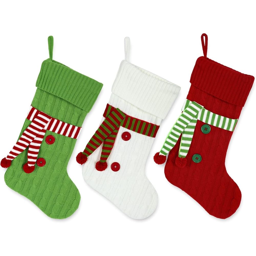 Knitted Christmas Stocking with Scarf Red Green White Hanging Stockings Classic Xmas Hanging Decorations for Christmas Party Home Fireplace Decor Family Friend Gift, 20inch