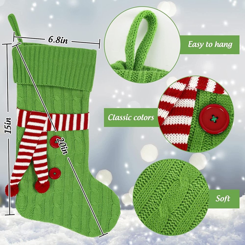 Knitted Christmas Stocking with Scarf Red Green White Hanging Stockings Classic Xmas Hanging Decorations for Christmas Party Home Fireplace Decor Family Friend Gift, 20inch