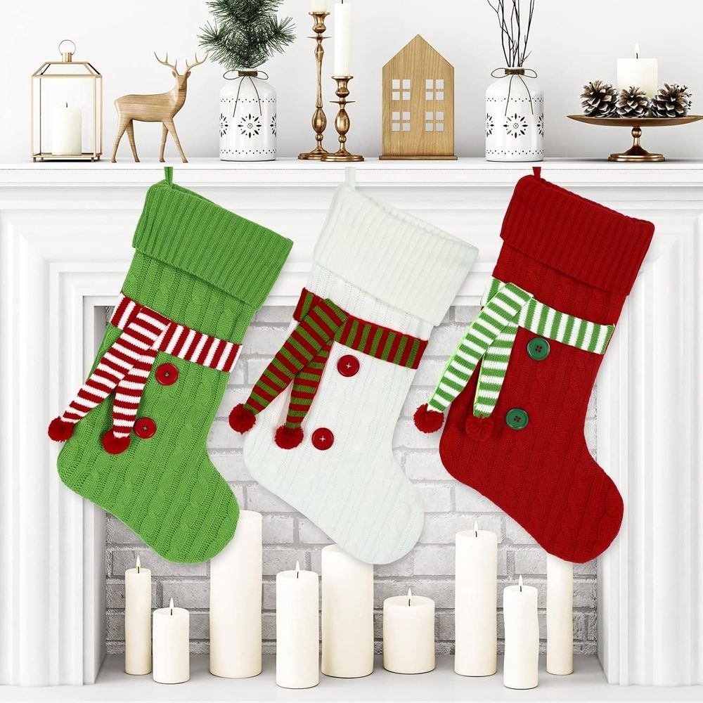 Knitted Christmas Stocking with Scarf Red Green White Hanging Stockings Classic Xmas Hanging Decorations for Christmas Party Home Fireplace Decor Family Friend Gift, 20inch