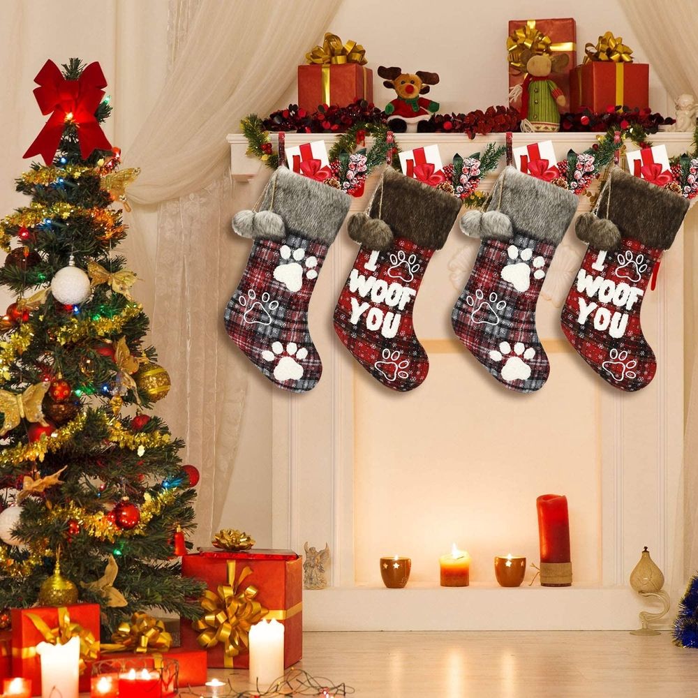 Dog Christmas Stocking 18 Inch Buffalo Plaid Christmas Stockings Plush Faux Fur Cuff Christmas Hanging Stockings with Letter and Dog Paw for Xmas Decoration