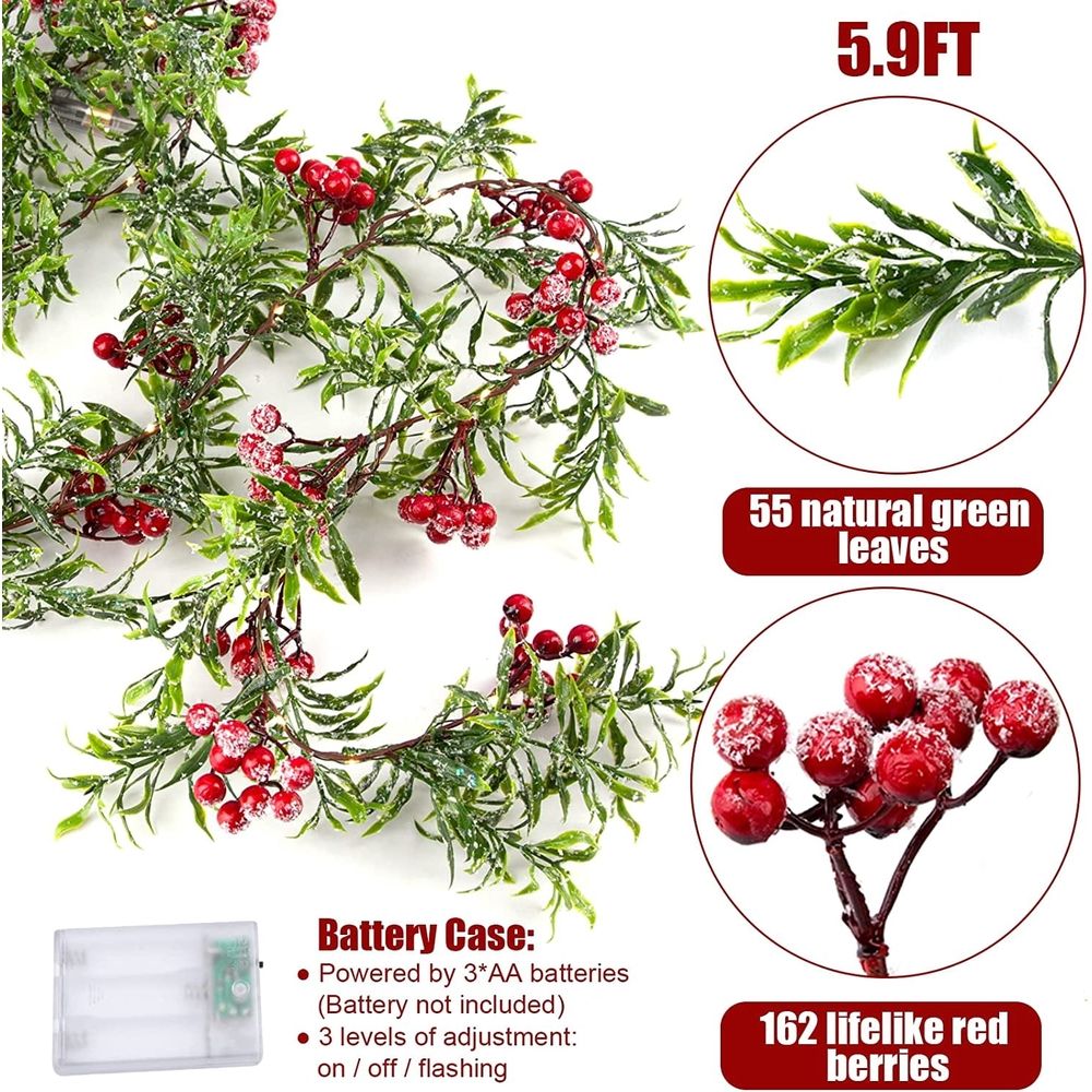 Artificial Christmas Garland String Lights with Snowy Red Berries 20 LED Lights Battery Operated for Xmas Mantle Indoor Outdoor Holiday Christmas Thanksgiving Decoration,5.9FT