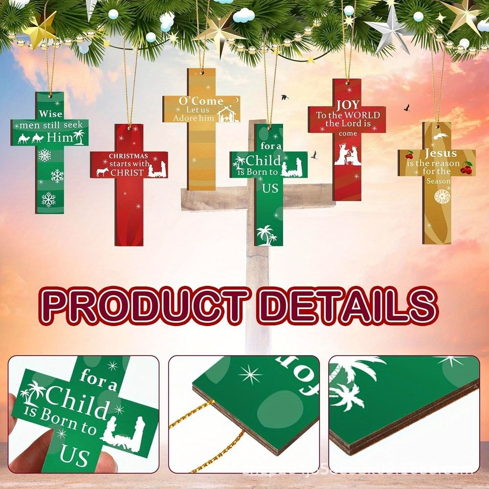 24PCS Hanging Wooden Cross Decoration, Cross Christmas Decorations Indoor, Wooden Cross Christmas Ornaments Set, Religious Christmas Tree Decorations Cross Pendant