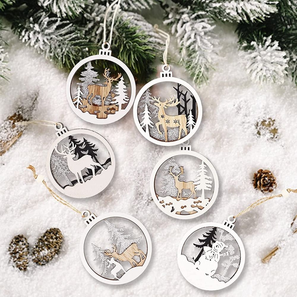 6 Pcs Wooden Christmas Ornaments Wonderland Ornaments Winter Vintage Christmas Hanging Ornaments Rustic Hollow Woodland Reindeer Snowflake Decor for Tree Farmhouse Xmas Holiday Decor