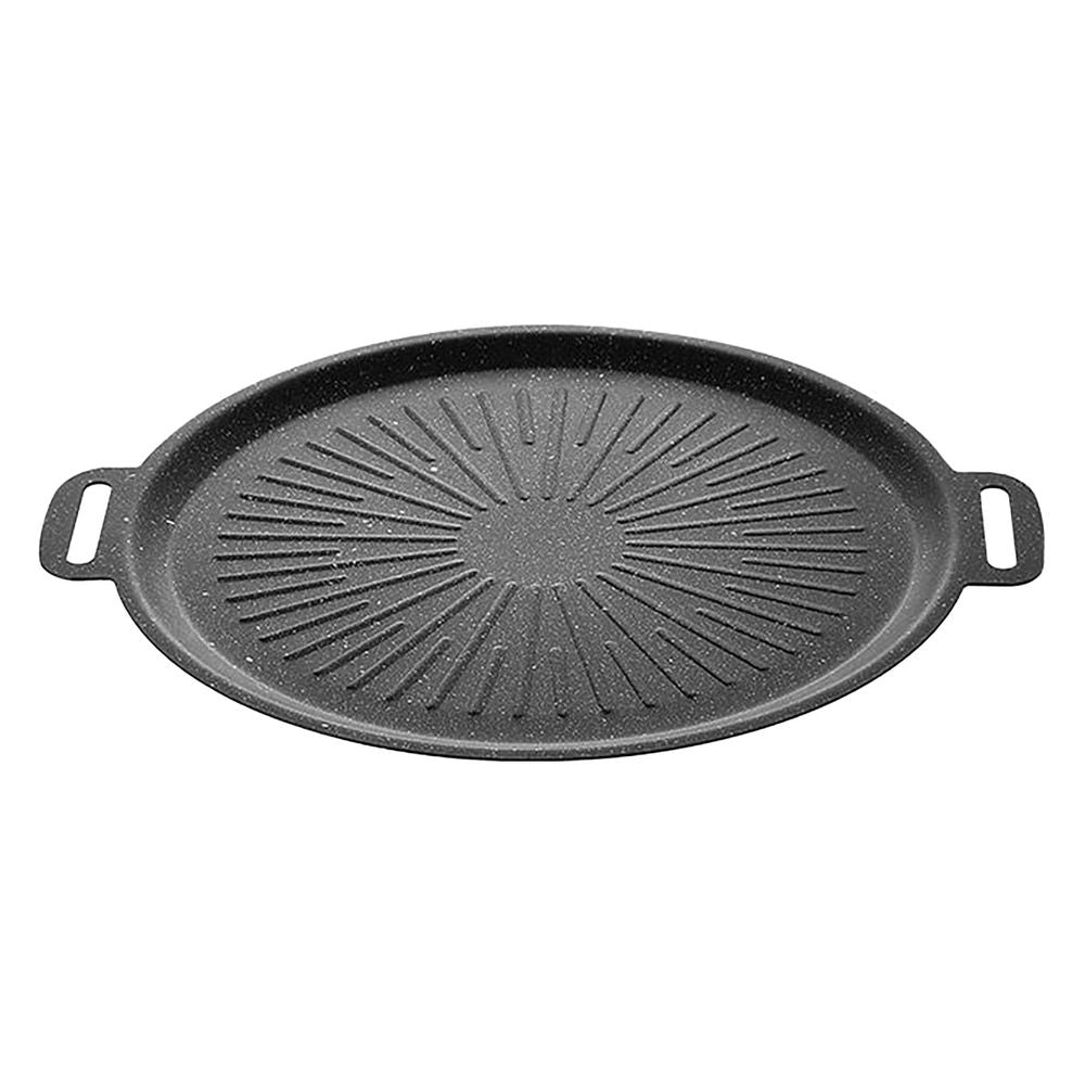 Nonstick Korean Grill Pan 14.17 Inch Round BBQ Griddle Pan, Heavy Duty Baking Tray Stove Top Induction Cooktop Compatible Frying Pan, Portable Double Handle Cookware for Camping Home Outdoor Cooking