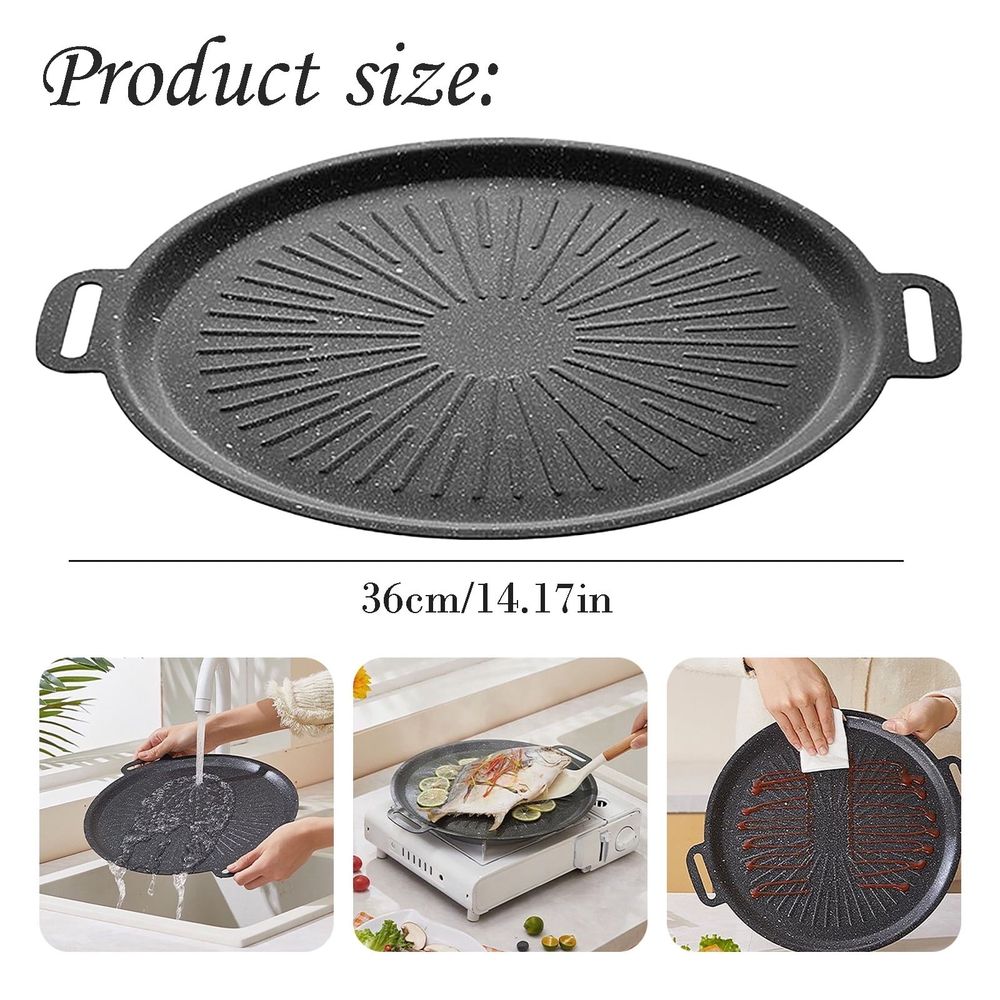 Nonstick Korean Grill Pan 14.17 Inch Round BBQ Griddle Pan, Heavy Duty Baking Tray Stove Top Induction Cooktop Compatible Frying Pan, Portable Double Handle Cookware for Camping Home Outdoor Cooking