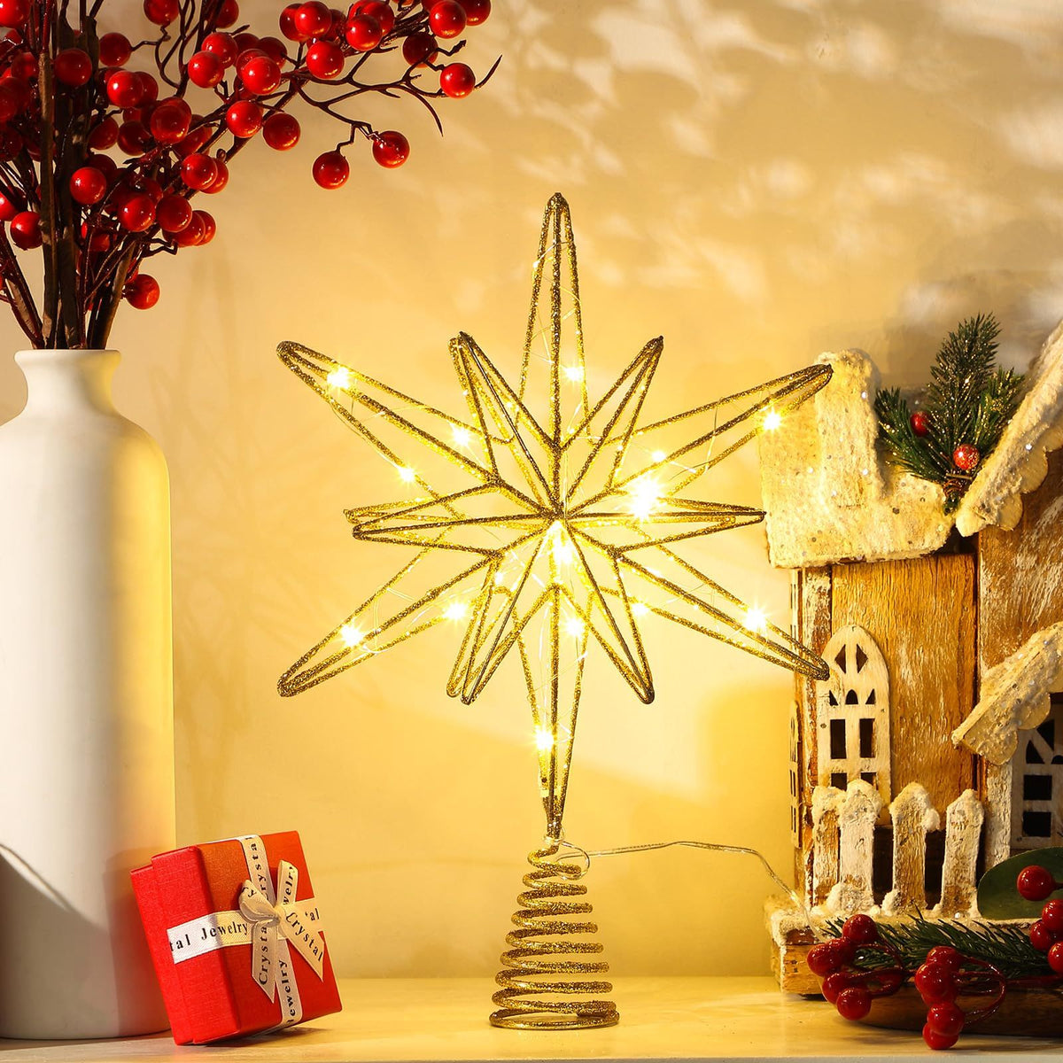 Large Christmas Star Tree Topper ,12.5 Inch Star Tree Topper Glitter Sparkle Xmas Treetop Ornament for Home Holiday Party Decorations(Gold)