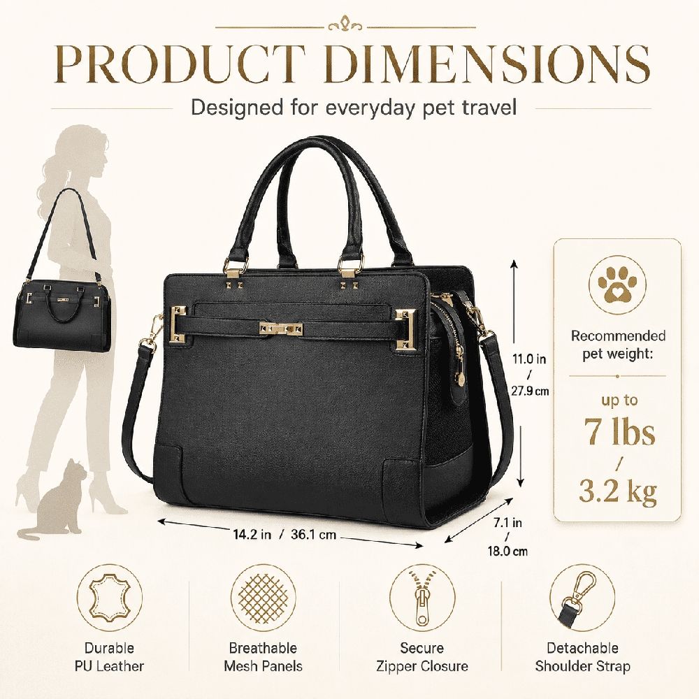 Fashion Dog Purse Carrier for Small Dogs with Shoulder Strap - PU Leather Pet Carrier for Dogs and Cats Up to 7 lbs, Airline Approved Soft-Sided Travel Carrier with Mesh Ventilation and Extra Pocket