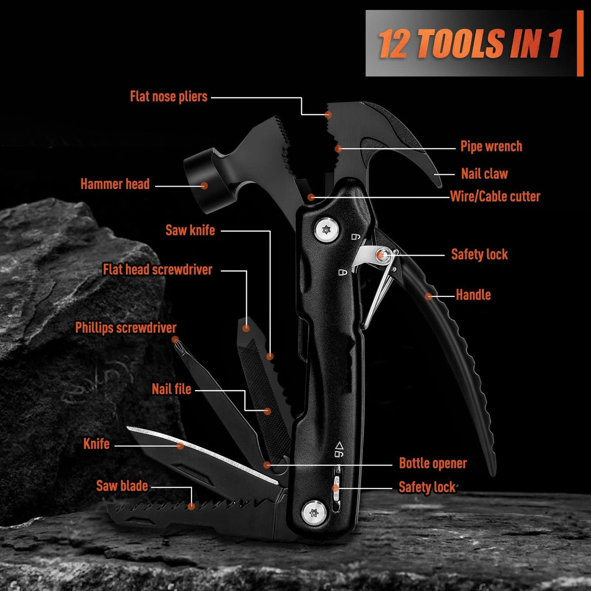 12 in 1 Hammer Multitool Gifts for Men, White Elephant Gifts for Adults, Mens Gifts for Dad Him Husband, Christmas Gift for Mens Dad Him, Camping Essentials Gear，black(14*7cm）