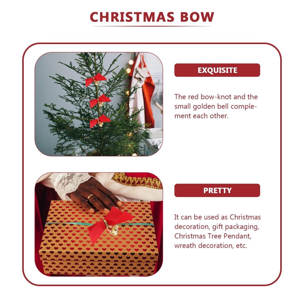 24Pcs Red Bow Christmas Tree Hanging Decorations with Small Golden Bells for Festival and Holiday Decor