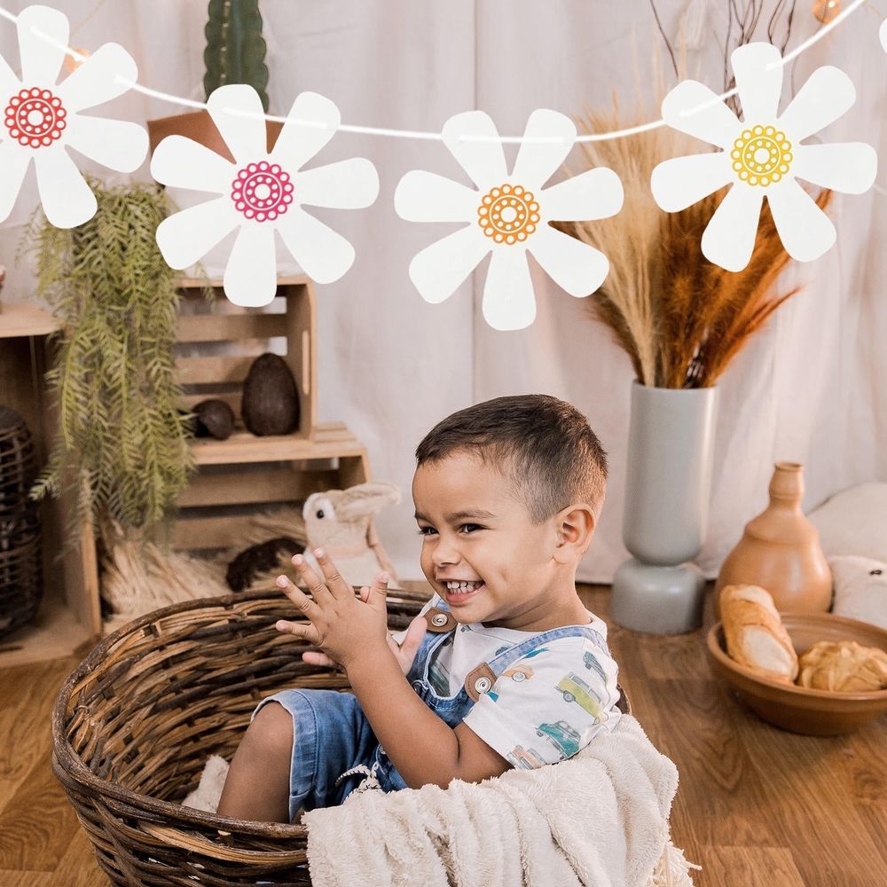 Happy Birthday Banner Daisy Garland Bunting Decor White Paper 5Pack 6.68x6.68x0.04in