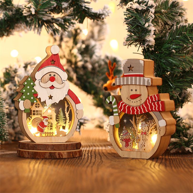 2 Pcs Wooden Christmas Ornaments, Light Wooden Hanging Ornaments Santa Claus Snowman Ornaments for Christmas Tree，16*10.5*3.5cm（The packaging does not include batteries）
