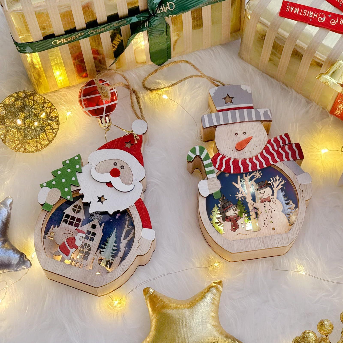 2 Pcs Wooden Christmas Ornaments, Light Wooden Hanging Ornaments Santa Claus Snowman Ornaments for Christmas Tree，16*10.5*3.5cm（The packaging does not include batteries）