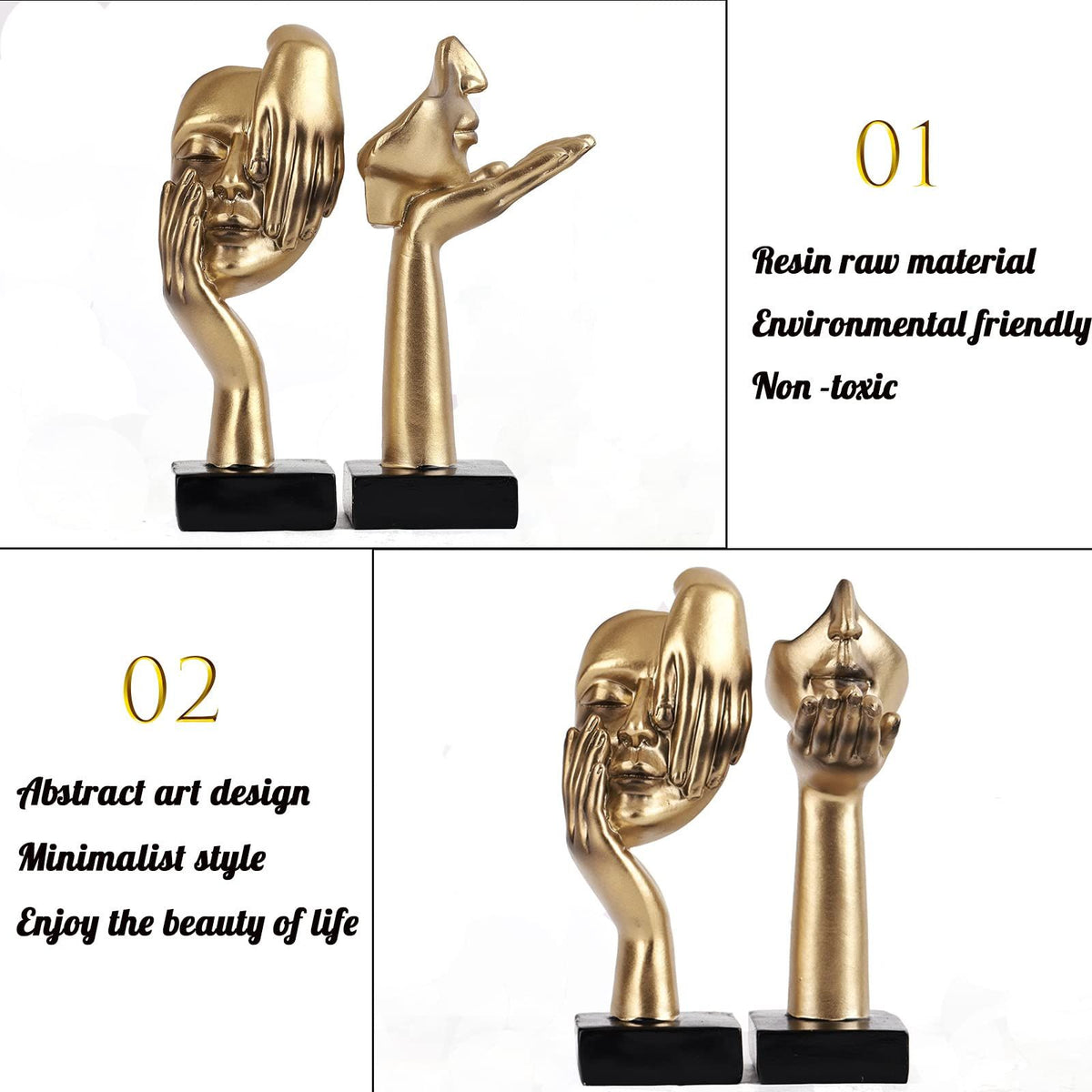 2Pcs Small Statue Set - Black Gold Home Decor Abstract Art Figurines for Shelves, Living Room Coffee Table, Office Desktop (17*6.5cm)