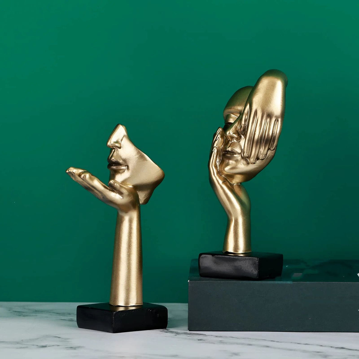 2Pcs Small Statue Set - Black Gold Home Decor Abstract Art Figurines for Shelves, Living Room Coffee Table, Office Desktop (17*6.5cm)