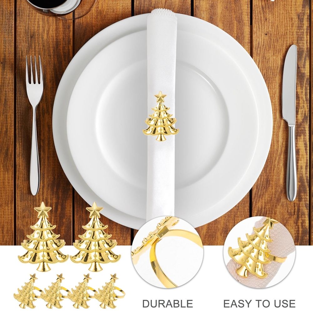 6pcs Xmas Tree Napkin Rings Set Alloy Golden Christmas Table Clips
