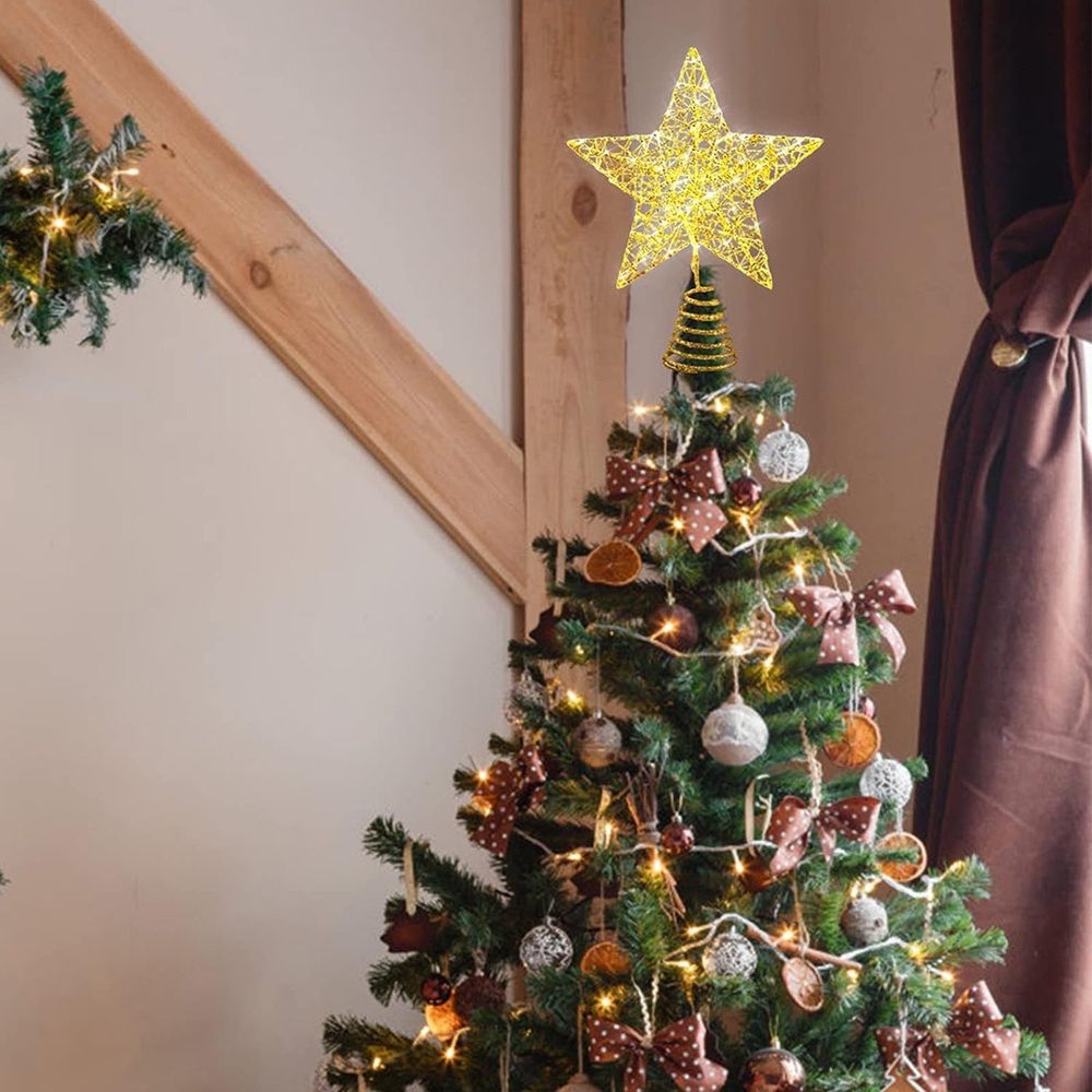 Outdoor Solar Lights Christmas Tree Decoration Lights Led Copper Wire Star Lights Wrought Iron Glitter Christmas Tree Top Star With String Lights
