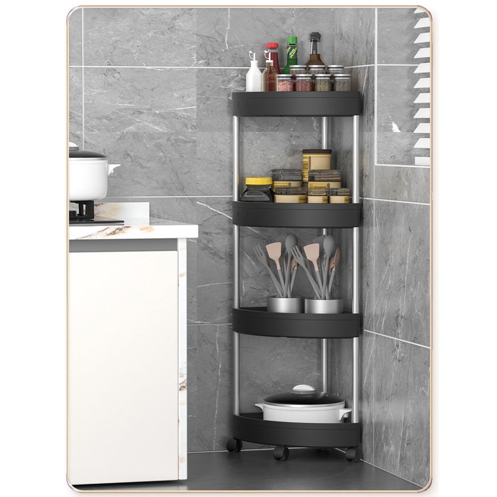 Corner Shower Caddy, 4 Tier Rustproof Floor Standing Shower Organizer, Plastic Metal Splicing Floor Shower Corner Shelf Rack Storage Stands, Black