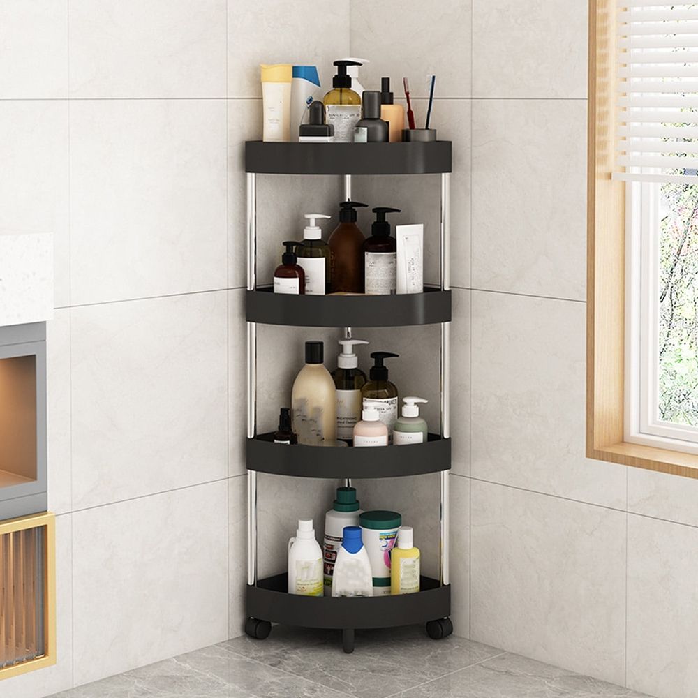 Corner Shower Caddy, 4 Tier Rustproof Floor Standing Shower Organizer, Plastic Metal Splicing Floor Shower Corner Shelf Rack Storage Stands, Black