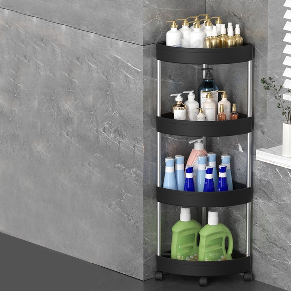 Corner Shower Caddy, 4 Tier Rustproof Floor Standing Shower Organizer, Plastic Metal Splicing Floor Shower Corner Shelf Rack Storage Stands, Black