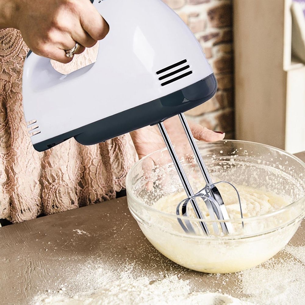 Hand Mixer, Electric Mixer, 7 Speed 100W Portable Kitchen Mixer Electric with 2 Stainless Steel Accessories Whisk, for Whipping Mixing Cookies Cakes Eggs Dough,White