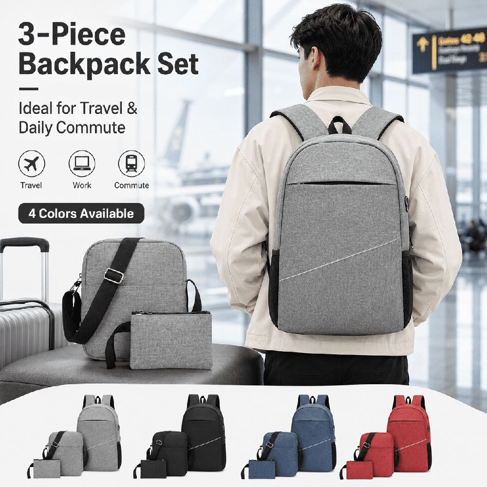 Construction Backpack Three-piece Backpack Men's Computer Backpack Casual Junior High School Elementary School Student Backpack Korean Version Female Outdoor Travel Bag