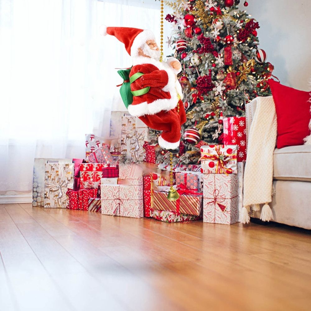 Climbing Santa Claus Ornament, Musical Christmas Decoration with Moving Ladder for Tree Home Festival Party Gift
