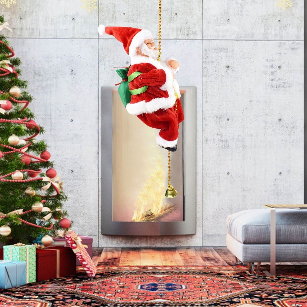 Climbing Santa Claus Ornament, Musical Christmas Decoration with Moving Ladder for Tree Home Festival Party Gift