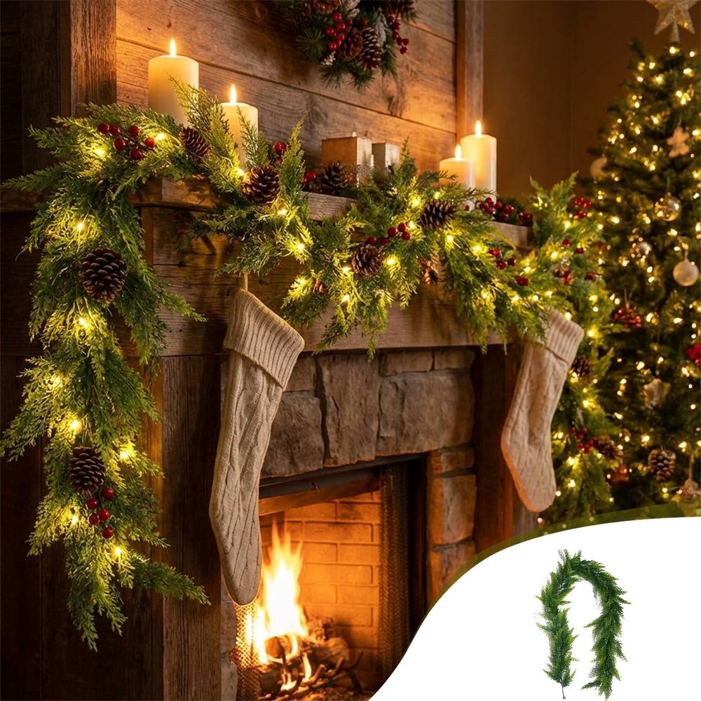 Artificial Christmas Garland with Lights, Pre-Lit 5.7FT Mixed Pine & Rattan for Indoor Outdoor Decor, Includes 20-Light Battery String