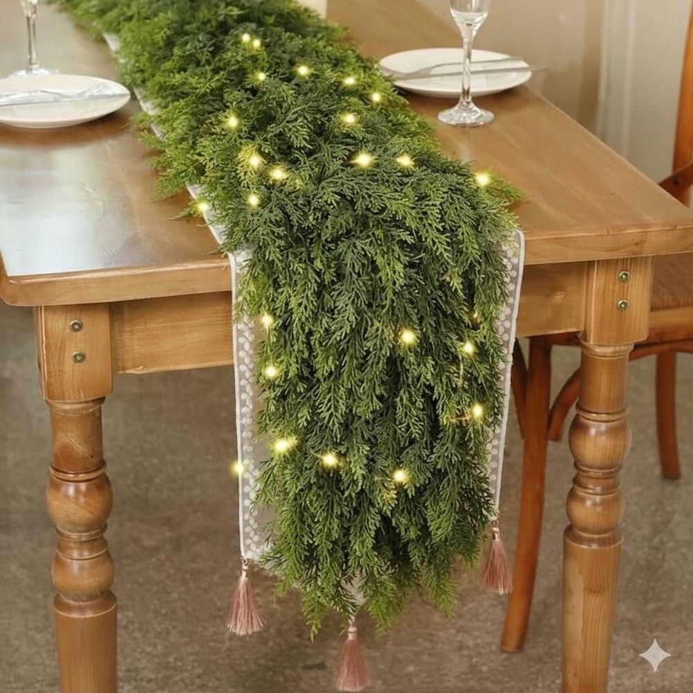 Christmas Garland with Lights, 9ft Pre-Lit LED Faux Cedar Garland for Fireplace Mantle, Indoor Outdoor Holiday Decor, 50 Warm White LEDs